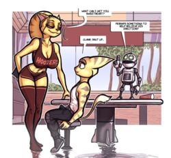 1girls 2boys alien alien_girl angela_cross_(ratchet_and_clank) antennae anthro anthro_only bedroom_eyes big_breasts blue_eyes booty_shorts breasts clank_(ratchet_and_clank) curvaceous curvy curvy_figure dialogue erect_nipples erect_nipples_under_clothes erection erection_under_clothes feline feline_humanoid female fit fit_female funny furry hanging_breasts hooters hourglass_figure indoors large_breasts larger_female leggings lombax looking_at_another looking_at_breasts looking_down luraiokun male midriff nipples pants ponytail ratchet_(ratchet_and_clank) ratchet_and_clank restaurant robot sci-fi science_fiction scifi seat seated seductive seductive_look seductive_smile short_shorts size_difference sky smaller_male smile smiling sony_corporation sony_interactive_entertainment source_request standing striped_fur stripes table tail tank_top text text_box thick_thighs thighhighs thighs toned toned_female tree trees window year_request yellow_fur