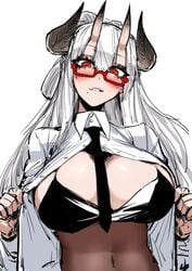 big_breasts biting_lip blush bra demon_girl glasses horns j.k. looking_at_viewer mole_under_mouth oni presenting_breasts red_eyes seductive tie unbuttoned_shirt under-rim_eyewear under-rim_glasses undressing white_hair