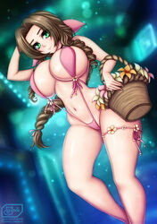 1girls aerith_gainsborough artist_name big_breasts bikini breasts clothing female female_only final_fantasy final_fantasy_vii flower green_eyes long_hair patreon sevie sling_bikini solo square_enix thighs url video_games watermark