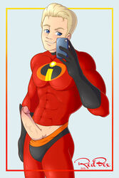 1boy 2020 abs aged_up artist_name big_penis blonde_hair blue_eyes color costume dash_parr disney erection exhibitionism exposed_penis gay hair male male_only penis pinup pixar red-box selfie smartphone smooth_skin solo the_incredibles uncensored uniform watermark yaoi