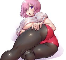 amania_orz big_ass big_breasts fate/grand_order fate_(series) female female_only lavender_hair mash_kyrielight nipples nipples_visible_through_clothing pantyhose purple_eyes short_hair solo solo_female solo_focus