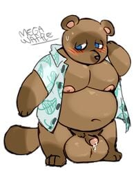 2020 animal_crossing anthro belly big_testicles blue_eyes blush brown_body brown_fur canid canine fur furry genitals male male_only mammal megawaffle_(artist) moobs navel nintendo nipples open_shirt overweight overweight_male penis raccoon_dog shirt simple_background small_penis solo tanuki testicles tom_nook topwear white_background