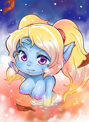 1girls big_ears blonde_hair blue_skin breasts female female_focus female_only league_of_legends looking_at_viewer nipples oposa_4 poppy purple_eyes riot_games shortstack solo solo_female solo_focus twintails uyu water wet yordle