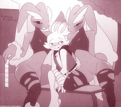 1boy 2girls anthro anthrofied ara_ara ass bandages big_ears big_feet black_sclera blush blushing bottomless breasts buckteeth clothes condoms eyelashes feet furry half-closed_eyes imminent_sex larger_female legwear long_ears lopunny marik_azemus34 mega_lopunny monochrome nintendo older_female patreon pokemon pokemon_(species) pokemon_dppt pokemon_ss scorbunny shirt size_difference smaller_male smiling_at_viewer sports_bra teasing teeth text thick_thighs thighhighs thighs torn_clothes url watermark wide_hips younger_male