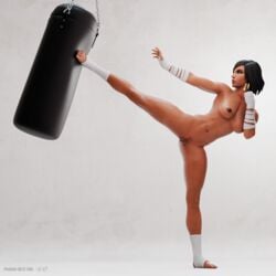 1:1_aspect_ratio 1girls 3d abs arm_wraps bandage black_eyes black_hair blender bottomless breasts casual_nudity dark-skinned_female dark_skin egyptian female footwraps handwraps high_kick high_resolution kicking leg_wraps looking_away muscle muscular_female nude overwatch pharah pharah-best-girl punching_bag stirrup_legwear topless wraps