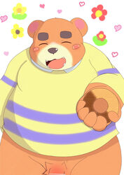 2020 absurd_res animal_crossing anthro blush brown_body brown_fur closed_eyes clothing doughnut food fur genitals hi_res humanoid_hands kemono male male_only mammal nintendo overweight overweight_male penis pubes solo solo_male sweater tanpaoex teddy_(animal_crossing) topwear ursid video_games