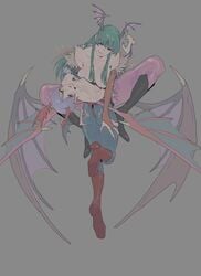 2girls ass_grab blue_hair breast_size_difference clothing darkstalkers demon_girl flat_chest green_hair head_wings imamura_ryou incest large_breasts lilith_aensland morrigan_aensland multiple_girls sisters succubi succubus succubus_wings wings yuri