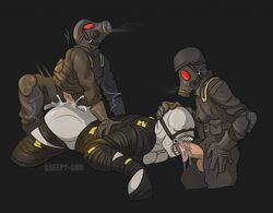 3boys anal_creampie armor bit_gag bottomless capcom clothed_male_partially_nude_male creampie creepy_gun cum cum_in_ass cum_splatter gangbang gas_mask gay group group_sex hand_on_head hands_on_back human jockey_position male male/male male_only mammal mask military military_uniform monster nemesis_(resident_evil) pants_pulled_down resident_evil saliva saliva_drip saliva_on_penis saliva_trail sex small_dom_big_sub spitroast submissive_male submissive_monster threesome tyrant video_games yaoi