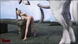 1girls 3d adeline_(vaesark) animal_genitalia blonde_hair blue_eyes breasts cgs28_(vaesark) detailed_background elf female huge_cock larger_male medium_breasts naked penis presenting size_difference smaller_female unicorn vaesark zoophilia