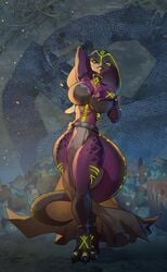 2017 3_toes 4_fingers anklet anthro anthro_only barefoot big_breasts biped breasts claws clothed clothing cobra collar female fingers glowing glowing_eyes green_body green_eyes green_scales harem_outfit hi_res hood huge_breasts irdeorum jewelry looking_at_viewer non-mammal_breasts purple_body purple_scales qhala ratherdevious reptile scales scalie snake snake_hood solo standing thick_thighs toe_claws toes