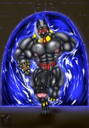 abs absurd_res anthro antinubismon anubis biceps canid canine canis deity digimon egyptian_mythology genitals glowing glowing_eyes hair hi_res jackal male male_only mammal middle_eastern_mythology muscular mythology nipples pecs penis portal rubberkitten ruins ruinsgate silver_hair solo stargate_(device) temple uncut vein warp