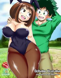 1boy 1girls big_breasts bluegraves breasts brown_eyes brown_hair bunny bunny_costume bunny_ears bunny_girl bunnysuit busty cleavage clothed cosplay couple curvy dress_up easter easter_bunny easter_egg female happy holidays huge_breasts izuku_midoriya legs looking_at_another muscular_male my_hero_academia ochako_uraraka open_mouth pantyhose playboy smile thick_thighs thighs thin_waist wide_hips