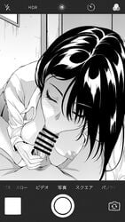 bar_censor censored closed_eyes dress_shirt fellatio fukunaga_yukito monochrome naked_shirt nipples open_clothes open_shirt oral penis phone_screen shirt