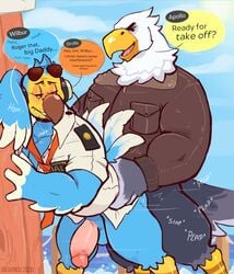 2boys accipitrid accipitriform anal animal_crossing anthro apollo_(animal_crossing) avian beak bird blue_body blue_feathers bottomless clothed clothing columbid daskingu dialogue dodo duo eagle english_text eyewear feathers gay genitals glasses hi_res humanoid_genitalia humanoid_penis jacket male male/male male_only necktie nintendo penis shirt sunglasses sunglasses_on_head tail_feathers talons text topwear video_games wilbur_(animal_crossing) yaoi