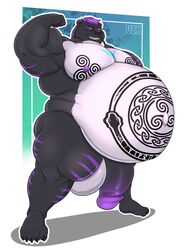 1boy anthro balls bear belly biceps big_belly big_penis black_fur eyewear flaccid flexing furry glasses huge_belly humanoid_penis male male_only male_pregnancy muscles muscular muscular_male nude overweight overweight_male penis pregnant purple_hair ready_to_pop smile solo tattoo tattoos testicles ursid vexdemon