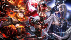 3girls arms_above_head boots breasts cleavage clothed clothing female female_only gloves high_heels liang_xing long_hair looking_at_viewer prosthetic prosthetic_arm robotic_arm ruby_rose rwby seductive thighhighs tight_clothing wallpaper weiss_schnee yang_xiao_long