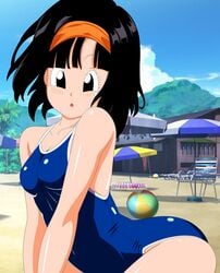 1girls 2020 artist_request ass beach black_eyes black_hair bob_cut breasts dragon_ball dragon_ball_heroes female female_focus female_only female_saiyan hairband headband human hybrid pan_(dragon_ball) petite saiyan school_swimsuit small_breasts super_dragon_ball_heroes swimsuit teenager wide_hips xeno_pan