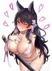 1girls animal_ears arm_under_breasts atago_(azur_lane) azur_lane big_breasts black_hair blush breasts cleavage clothing cum_on_face dikko dog_ears dog_girl female female_only hand_on_breast happy leaning_forward long_hair looking_at_viewer nipples one_eye_closed partially_clothed smile solo solo_focus standing wink yellow_eyes