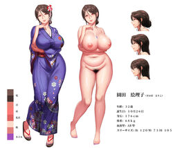 barefoot breasts brown_hair character_profile color_guide female floral_print flower full_body hair_flower hair_ornament highres inverted_nipples japanese_text large_breasts multiple_views navel nude original plump profile pubic_hair reference_sheet sandals short_hair standing text yuritamashi