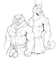 2boys 5_fingers abs absurd_res anthro armpit_hair badcoyote ball_tuft balls belt biceps biped black_and_white body_hair bottomwear canid canine canis cheek_tuft claws clothed clothing coyote duo facial_tuft fingers fist fur genitals half-erect hi_res jewelry line_art looking_at_another looking_at_viewer male male/male male_only mammal manly monochrome muscular muscular_male navel neck_tuft necklace nipples pecs penis penis_through_fly poking_out shorts simple_background tagme tattoo topless triceps tuft uncut vein veiny_penis whisker_spots