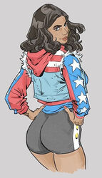 1girls america_chavez ass carlos_gomez clothed dark-skinned_female dark_skin earrings female female_only from_behind fully_clothed hoop_earrings latina marvel marvel_comics miss_america miss_america_chavez official_art simple_background solo