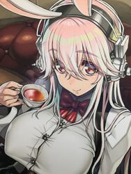 bunny_ears gradient_eyes headphones huge_breasts looking_at_viewer looking_up nipple_bulge pink_hair sonico super_sonico teacup tsuji_santa