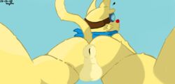 2020 anus ass backsack balls blue_background felid feline forthington fur genitals hi_res magesti male male_only mammal nintendo nude rhythm_heaven signature simple_background smaller_version_at_source solo text video_games yellow_body yellow_fur yellow_tail