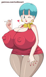 1girls alternate_version_available blue_eyes bulma_briefs cameltoe canon_smoker cigarette cleavage curvy dragon_ball erect_nipples female gigantic_breasts huge_areolae huge_ass puffy_nipples red_lips short_hair smoking thick_lips toshiso voluptuous wide_hips