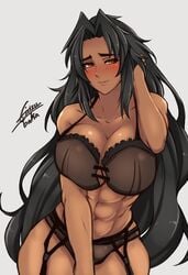 1girls abs airisubaka black_hair black_lingerie blush breasts cleavage dark-skinned_female embarrassed female female_only hand_on_head lingerie long_hair looking_away mirabell_bell muscles muscular muscular_female solo solo_female standing taimanin_(series) taimanin_asagi_battle_arena