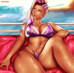 1girls bikini blizzard_entertainment breasts brown_skin curvaceous curvy dark-skinned_female dark_skin female fingering hand_in_panties latina lost_huapo masturbation multicolored_hair overwatch pubic_hair purple_eyes shaved_side side_shave sombra thick_thighs thighhighs video_games