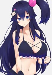 armband bikini bikini_top blue_bikini blue_bikini_top blue_eyes blush bombergirl bow bra breasts female hair_ornament kuro_(bombergirl) large_breasts long_hair looking_at_viewer mukuba purple_hair solo swimsuit underwear