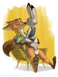 animal_genitalia anthro anus bottomless closed_eyes clothed_female clothed_sex clothing cowgirl_position cum cum_in_pussy cum_inside disney fox grey_fur judy_hopps kissing nick_wilde no_panties on_top penis pussy rabbit robcivecat sex tagme zootopia