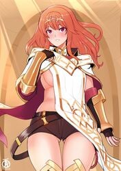 1girls anthiese_lima ass_visible_through_thighs black_shorts blush celica_(fire_emblem) color female female_only fire_emblem fire_emblem_awakening fire_emblem_echoes:_shadows_of_valentia fire_emblem_gaiden red_eyes red_hair revolverwingstudios shirtless short_shorts shorts sideboob skimpy skimpy_clothes smile solo tight_shorts