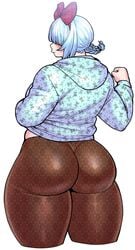 1girls :3 ass bangs bbw big_ass big_breasts blue_hair bow braid breasts bubble_butt curvy cyclops elf-san_wa_yaserarenai female hair_covering_eyes hair_over_eyes hairbow hitome hoodie huge_ass huge_breasts humanoid light-skinned_female light_skin pants plump short_hair simple_background solo synecdoche thick_thighs tight_pants voluptuous wide_hips