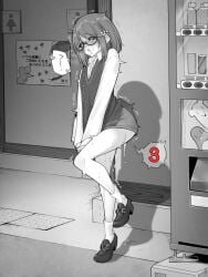 ankle_socks anklehighs bag between_legs blush commentary_request female full_body glasses greyscale hand_between_legs highres implied_vibrator kakuremino7928 large_variant_set loafers long_sleeves loose_socks medium_hair miniskirt monochrome open_mouth original outdoors public_restroom pussy_juice school_uniform semi-rimless_eyewear shirt shoes shoulder_bag skirt socks socks_only solo speech_bubble standing sweater_vest trembling under-rim_eyewear variant_set white_socks
