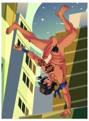 armband balls baseball_cap black_hair blue_eyes circumcised city_background erection feet male male_focus male_only muscular necklace nipples oc parkour penis pubic_hair tan_skin tattoos upside-down wristband yuunsfw