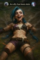ai_generated amputated_arm amputated_leg amputation amputee armpits belly belly_button blue_hair crazy_eyes crazy_smile cum cum_on_belly cum_on_body cum_on_chest cum_on_upper_body defeated defenseless dismemberment female female_focus female_only guro jinx_(league_of_legends) league_of_legends lying_on_back lying_on_ground mutilation self_upload solo_female video_game_character viktor_(league_of_legends)