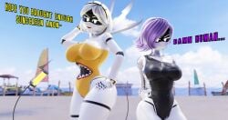2girls 3d absurdres annoyed anon arms_behind_back big_breasts blender blush claws disassembly_drone embarrased female female_only hands_behind_head hands_on_hips highres humanoid looking_at_viewer murder_drones nipples non-web_source pov purple_eyes purple_hair raise_eyebrow serial_designation_v smile swimsuit tail uzi_doorman white_hair wide_hips worker_drone yellow_eyes
