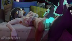 3d_animation anthro beanie canid canine cerberus_(fortnite) duo felid feline female hyperfluffe knot male male/female mammal meow_skulls meow_skulls_(fortnite) nude nude_female on_back sex sofa sofa_sex sound sound_effects tagme video