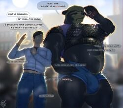 2boys anthro bear big_bulge big_pecs big_penis bulge bulge_through_clothing clothed clothing dialogue english_text exhibitionism furry gay human humanoid male male/male male_only mammal muscular muscular_male partially_clothed pecs public sarquiat smaller_male sweat sweating text