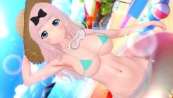 1girls 3d arm_behind_head armpits beach big_breasts bikini blue_eyes busty cleavage female female_only fujiwara_chika green_bikini hi_res kaguya-sama_wa_kokurasetai_~tensai-tachi_no_renai_zunousen~ large_breasts legs long_hair looking_at_viewer navel ocean pink_hair pose posing sensual sexy smile solo thighs thong_bikini voluptuous water wet