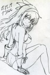 1girls arm_support ass bikini breasts character_name female fingerless_gloves from_behind gloves hair_ribbon highres japanese_text king_of_fighters large_breasts legs looking_at_viewer looking_back monochrome nakoruru pose posing ribbon samurai_shodown sensual sexy sexy_pose side-tie_bikini_bottom sideboob sitting sketch smile snk solo swimsuit thighs traditional_media traditional_media_(artwork) translated