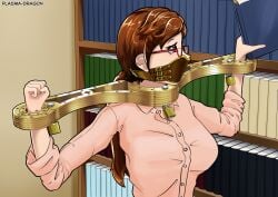 1girls blouse bondage book books bookshelf bound brown_hair female female_only femsub fully_clothed gag gagged glasses library lock padlock panel_gag plasma-dragon steel_bondage yoke yoke_(restraint)