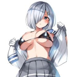 belko bikini bikini_top_only black_bikini blue_eyes blue_sailor_collar blush breasts dated female female_only gloves grey_skirt hair_ornament hair_over_one_eye hairclip hamakaze_(kancolle) highres kantai_collection large_breasts open_mouth pleated_skirt sailor_collar school_uniform serafuku short_hair signature silver_hair simple_background skirt solo sweat swimsuit third-party_edit uncropped undressing white_background white_gloves
