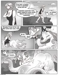 2019 anthro ass biped blush bottomwear breasts cliff clothed clothing comic dialogue english_text female genitals gills grass growth hair hand_on_chest hand_on_own_chest human_to_anthro humanoid looking_down_at_self marine mid_transformation monochrome multi_limb neck_gills non-mammal_breasts nude onomatopoeia open_mouth outside plant pseudo_hair pussy shirt shorts sitting sitting_on_ground sky solo sound_effects species_transformation speech_bubble standing strawberrytfs suckers tail teeth tentacle tentacle_hair text topwear torn_clothing transformation transformation_sequence wardrobe_malfunction