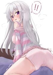 ! !! 9-nine- :d absurdres ahoge ass blush breasts cameltoe commentary cowboy_shot crotch_rub eyes_visible_through_hair female female_masturbation from_behind grey_hair hair_between_eyes hair_down hair_over_shoulder heavy_breathing highres large_breasts leaning_forward long_hair long_sleeves looking_at_viewer looking_back masturbation masturbation_through_clothes niimi_sora oerba_yun_fang on_bed open_mouth pajamas pillow_humping pom_pom_(clothes) purple_eyes shorts sidelocks simple_background single_bare_shoulder skin_fang smile solo speech_bubble spoken_exclamation_mark straight_hair striped_clothes striped_pajamas surprised sweat takoyaki032002 twitching white_background white_shorts