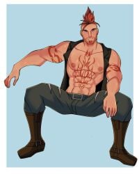 belt boots clothed facial_hair leather_vest legs_open looking_at_viewer male male_focus male_only mohawk muscular nipples oc open_vest red_hair ripped_jeans simple_background sitting smile tattoos yuunsfw