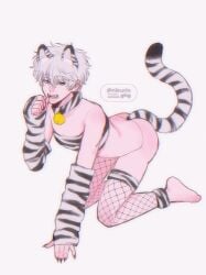 all_fours alternate_costume alternate_version_available arm_warmers ass_up bandeau barefoot bell_collar bubble_butt collar fangs femboy fishnets gintama gintoki_sakata kemonomimi looking_at_viewer male male_only nikurin_ghg open_mouth pale-skinned_male pale_skin solo tiger_boy tiger_ears tiger_print tiger_tail white_hair