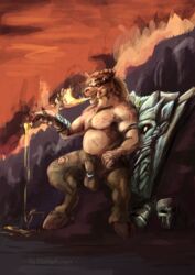 1boy animal_genitalia anthro armor balls chubby cigar doom doom_eternal father flaccid furry gladiator hell horn lava male male_only nude parent penis sheath sketch solo testicles text warrior watermark