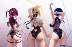 3girls alternate_costume alternate_hairstyle arm_up arms_up artist_name ass back backboob bare_shoulders black_collar black_leotard black_ribbon blonde_hair blue_hair blue_nails breasts butt_crack chinese_clothes clothing_request collar company_connection cowboy_shot crossover earrings evelyn_chevalier facing_away fingernails from_behind genshin_impact gradient_background hair_ornament hair_stick highres honkai:_star_rail honkai_(series) jewelry kafka_(honkai:_star_rail) large_breasts leotard long_hair long_ribbon median_furrow mihoyo multiple_girls nail_polish nape paid_reward_available pelvic_curtain purple_hair purple_nails ribbon ring_hair_ornament short_hair standing thighs tomatolaccoon underbutt white_background wide_shot yelan_(genshin_impact) zenless_zone_zero